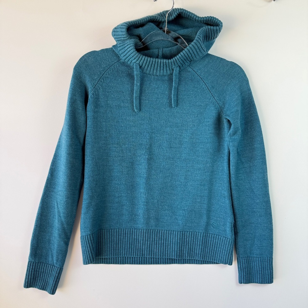 Stio Hooded Sweater Women XS Teal Blue Excellent 100% Merino Wool‎ Pullover 1041